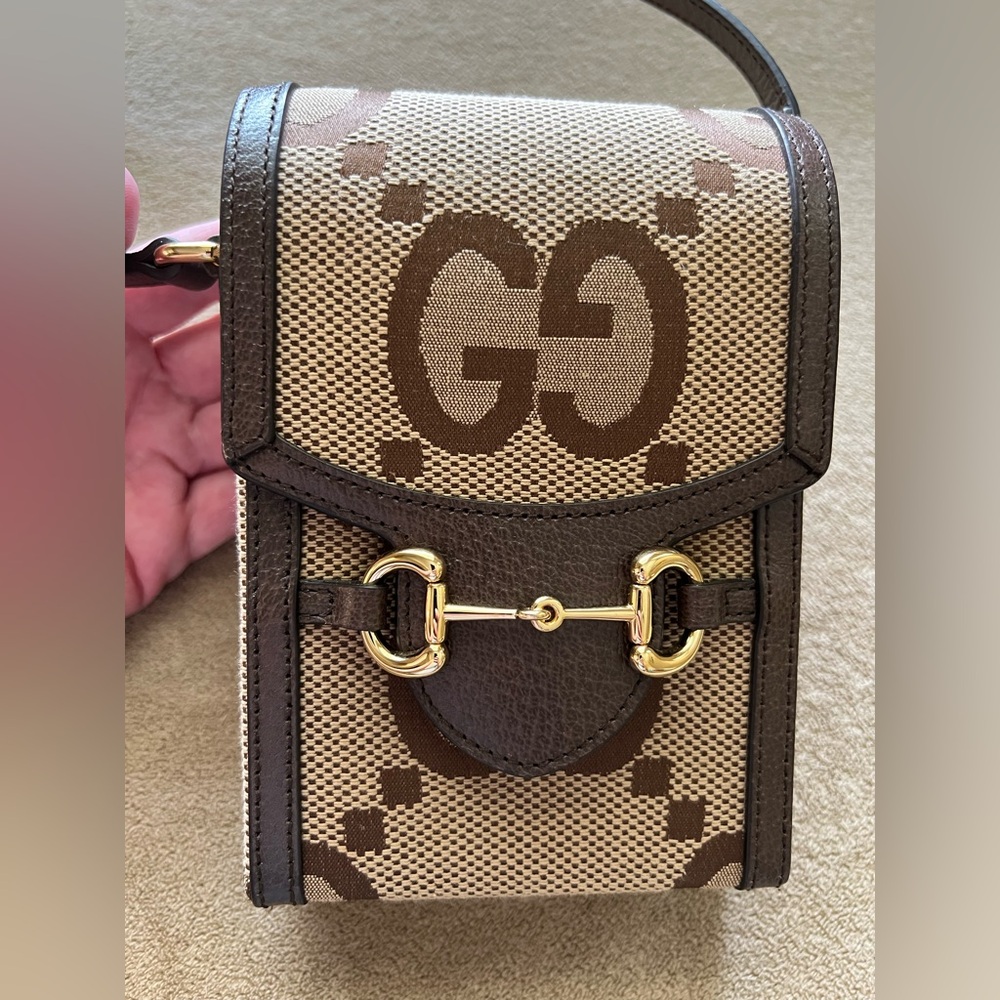 Gucci Jumbo GG Mini Messenger Phone Bag in Logo Canvas Camel Ebony - Picture 4 of 13